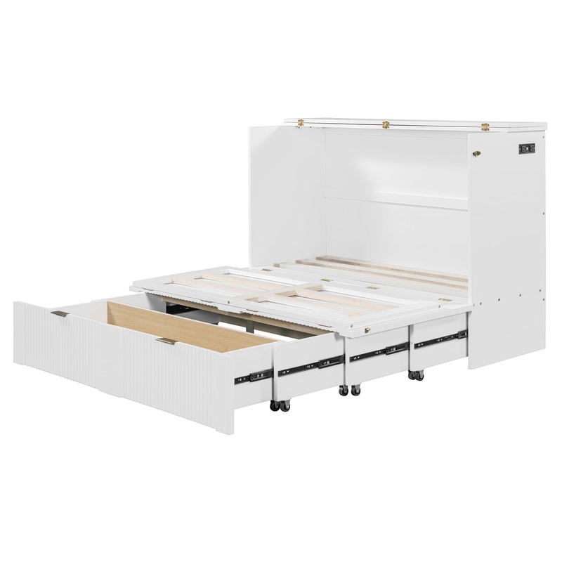 Full Size Murphy Bed With Drawer And A Set Of Sockets & USB Ports, Pulley Structure Design – White