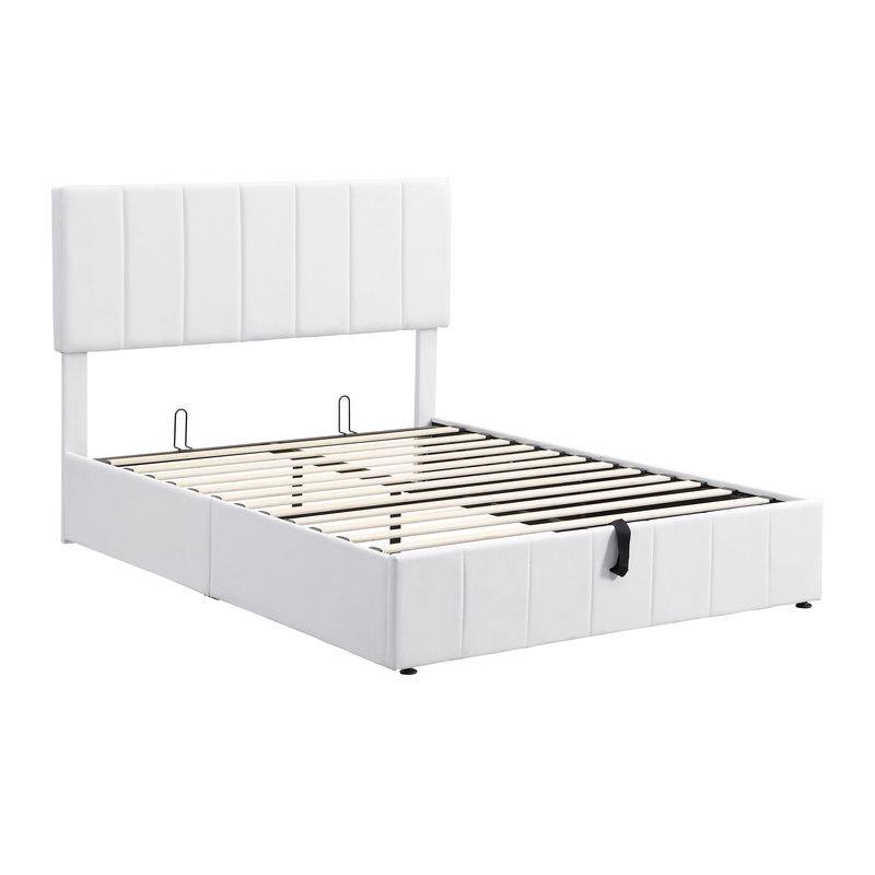 Full Size Upholstered Platform Bed With A Hydraulic Storage System – White