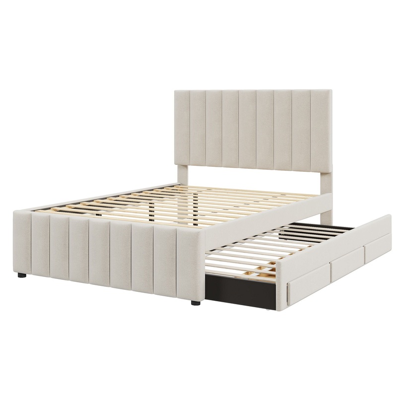 Full Size Upholstered Platform Bed With Twin Size Trundle And 3 Drawers – Beige