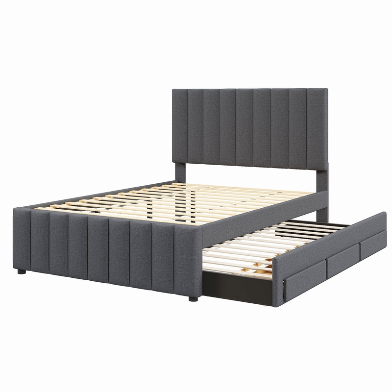 Full Size Upholstered Platform Bed With Twin Size Trundle And 3 Drawers – Gray