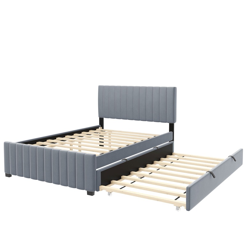 Full Size, Upholstered Platform Bed With Twin Size Trundle, Elegant Design – Gray