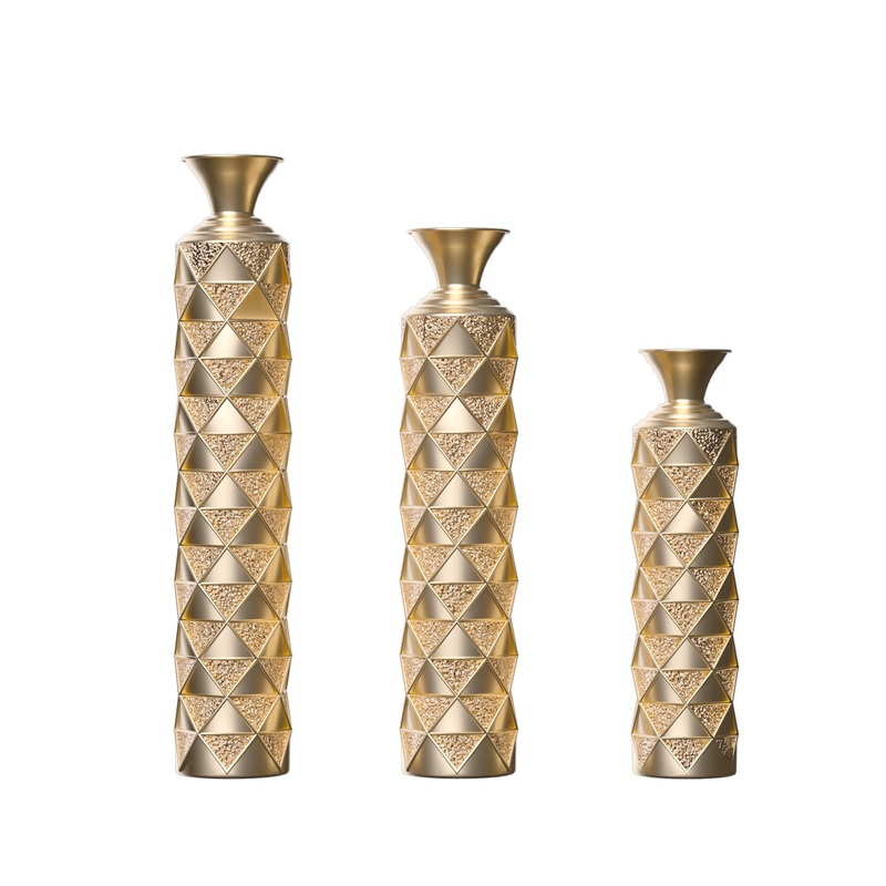 Metal Decorative Vase High Distress Metal Center Vase With 3D Triangle Pattern, (Set of 3) Vases For Home Decoration – Gold
