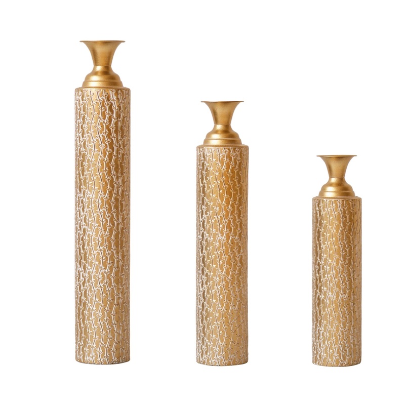 Metal Decorative Vases High Distress Metal Center Vases With Growing Vine Patterns, (Set of 3) Vases For Home Decoration – Gold