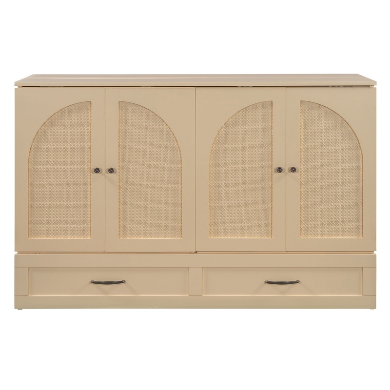 Queen Size Murphy Bed With Large Drawers, Gold