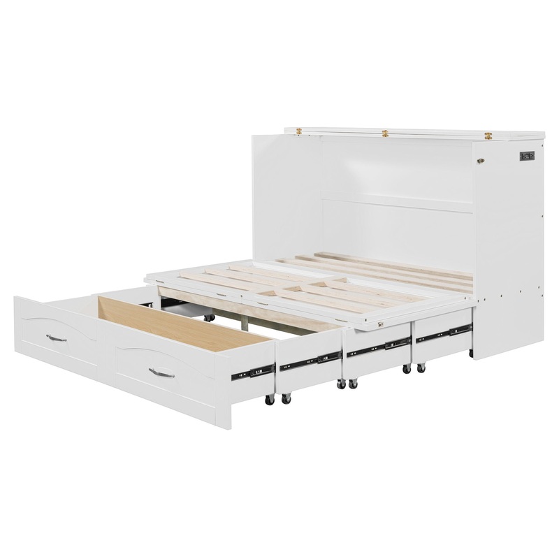 Queen Size Murphy Wall Bed With Drawer And A Set Of Sockets & USB Ports, Pulley Structure Design – White