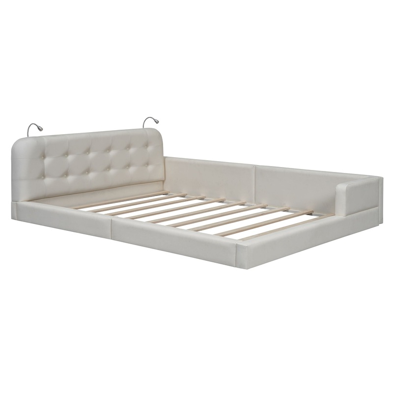 Queen Size Upholstered Platform Bed With 2 Reading Lights – White