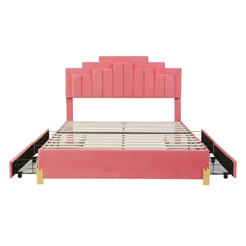 Queen Size Upholstered Platform Bed With LED Lights And 4 Drawers, Stylish Irregular Metal Bed Legs Design – Pink