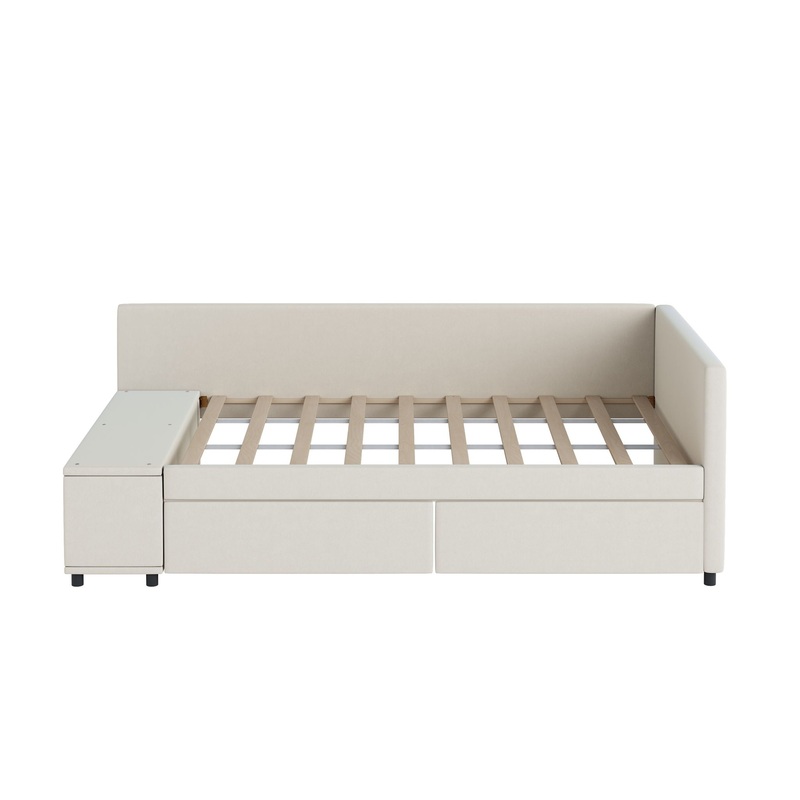 Twin L Shaped Upholstered Platform Bed With Storage And Drawers – Beige