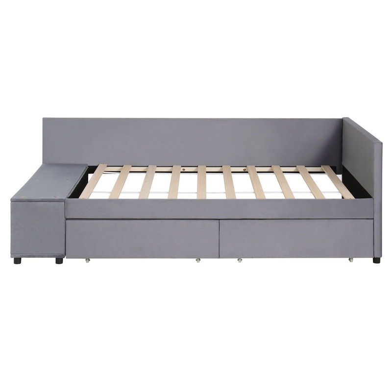 Twin L Shaped Upholstered Platform Bed With Storage Drawers – Gray