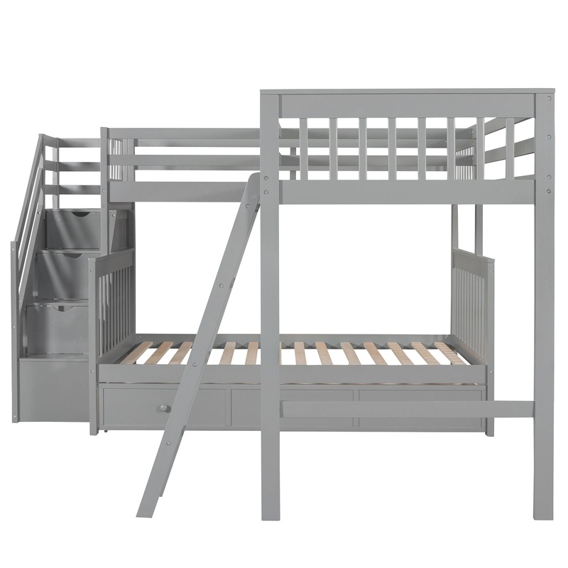 Twin Over Full L Shaped Bunk Bed & 3 Drawers, Ladder And Staircase – Gray