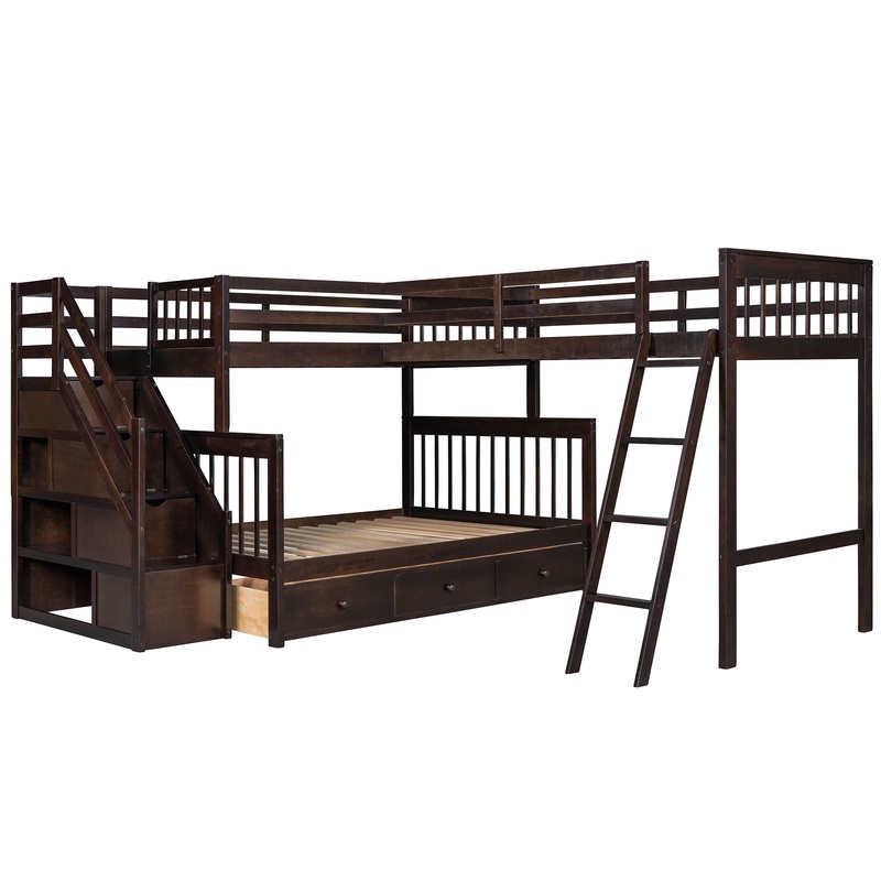 Twin Over Full L Shaped Bunk Bed With 3 Drawers, Ladder And Staircase – Espresso