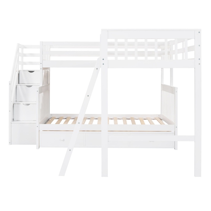 Twin Over Full L Shaped Bunk Bed With 3 Drawers, Ladder And Staircase – White