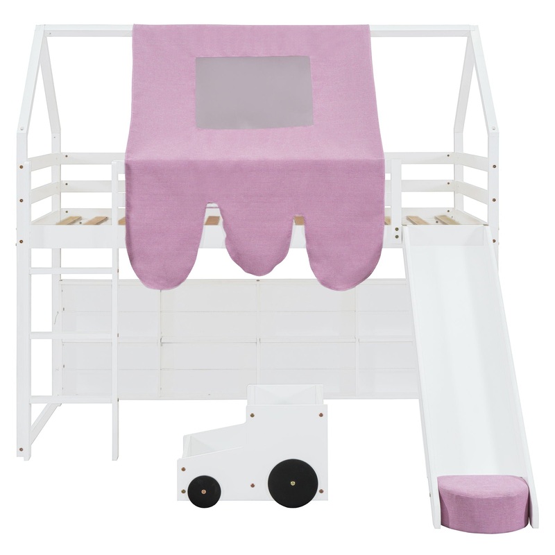 Twin Size Charming House Shaped Loft Bed With Tent And Slide – White / Pink
