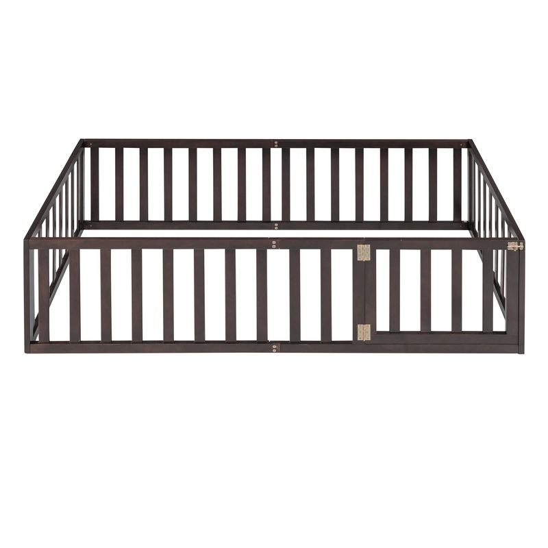 Twin Size Floor Bed Frame With Fence And Door – Walnut