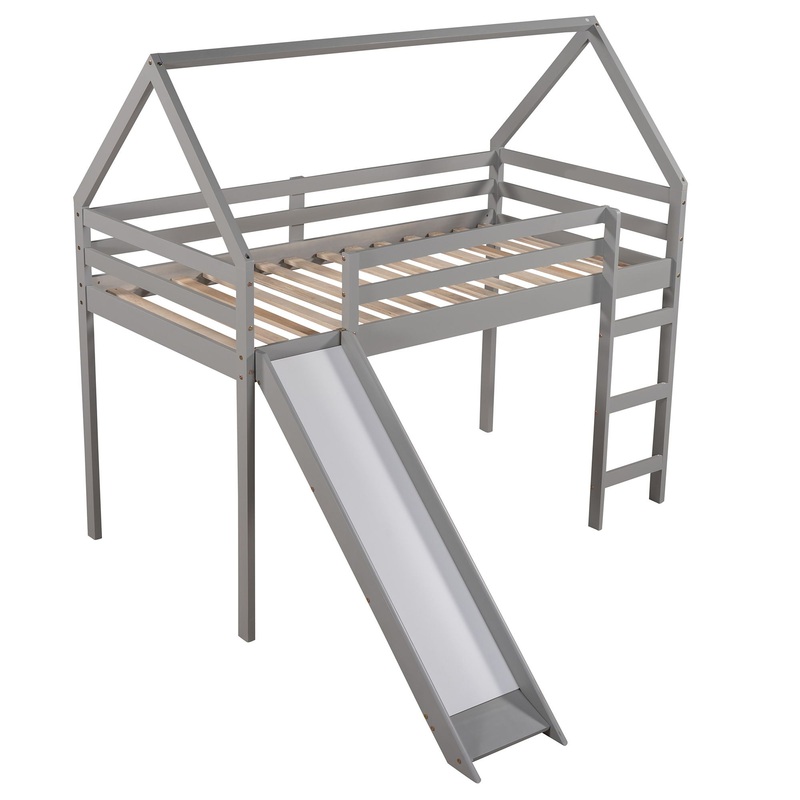 Twin Size House Loft Bed With Slide – Gray