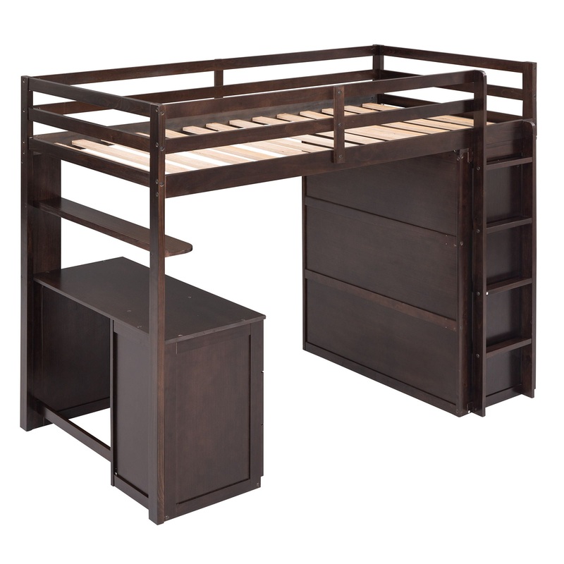 Twin Size Loft Bed With Drawers, Desk, And Wardrobe – Espresso