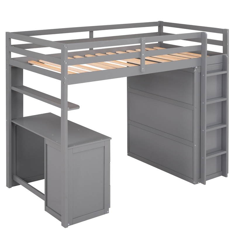 Twin Size Loft Bed With Drawers, Desk, And Wardrobe – Gray