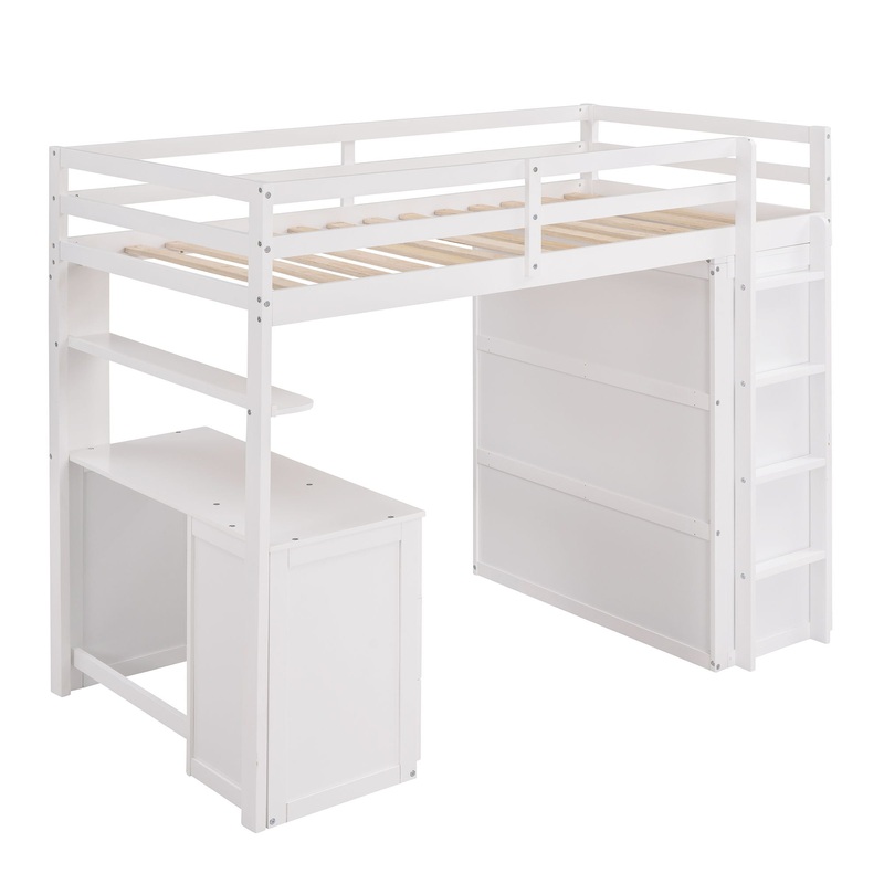 Twin Size Loft Bed With Drawers, Desk, And Wardrobe – White