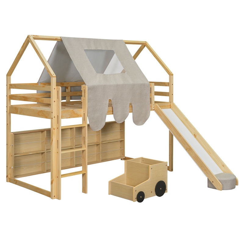 Twin Size Loft Bed With House Shaped Frame And Tent – Natural / Beige