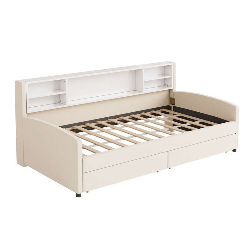 Twin Size Luxurious Upholstered Platform Bed With Storage Drawers – Beige