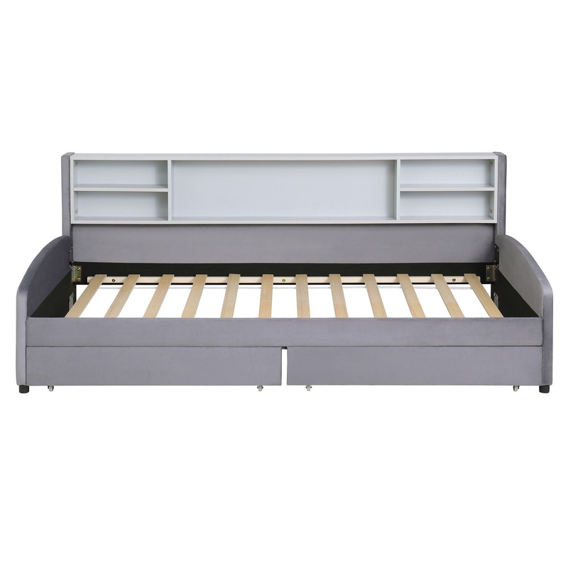 Twin Size Upholstered Platform Bed With Storage Drawers And Headboard – Gray