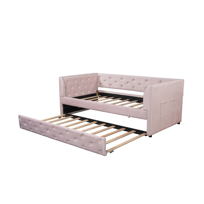 Twin Size Upholstered Tufted Daybed With Trundle – Pink