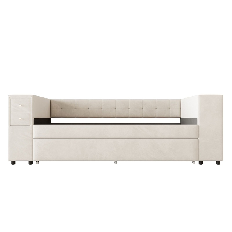 Twin Upholstered Bed With Storage And Twin Trundle, USB Charging Ports – Beige