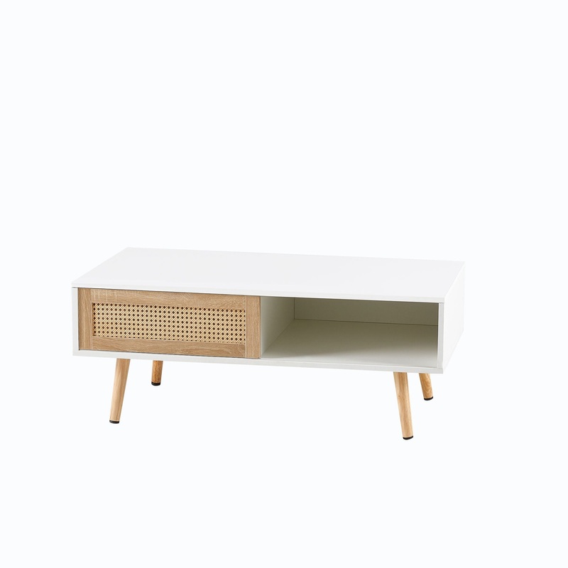 41.34 Rattan Coffee Table, Sliding Door For Storage, Solid Wood Legs, Modern Table For Living Room