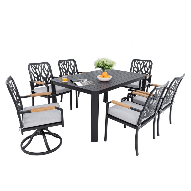 7 Pieces Outdoor Patio Furniture Set, 4 Dining Chairs & 2 Swivel Rockers Sunbrella Fabric, Rectangular Table With Umbrella Hole – Bourbon Brown