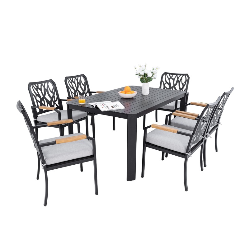 7 Pieces Outdoor Patio Furniture Set, Modern Dining Set With 6 Dining Chairs Sunbrella Fabric, Rectangular Table With Umbrella Hole – Bourbon Brown