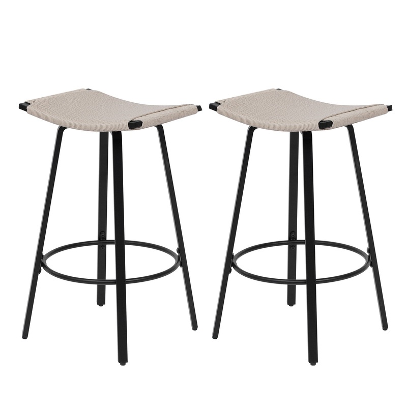 Counter Height Bar Stools Backless Handwoven Kitchen Dining Chairs With Round Footrest (Set of 2) Weaving Pub Stoo – Creamy White