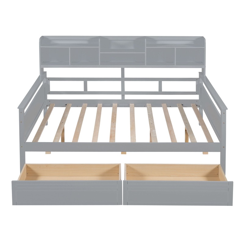 Full Size Daybed, Slat Support, With Bedside Shelf And 2 Drawers – Gray