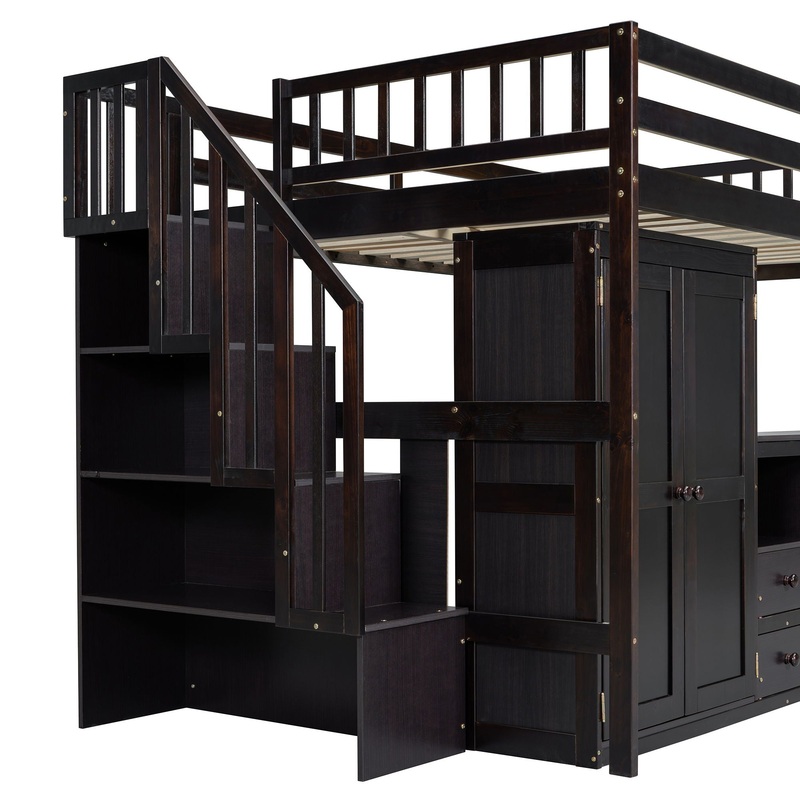 Full Size Loft Bed With Stairs, Bookshelf, Drawers, Desk & Wardrobe, Space Saving Multifunctional Furniture – Espresso