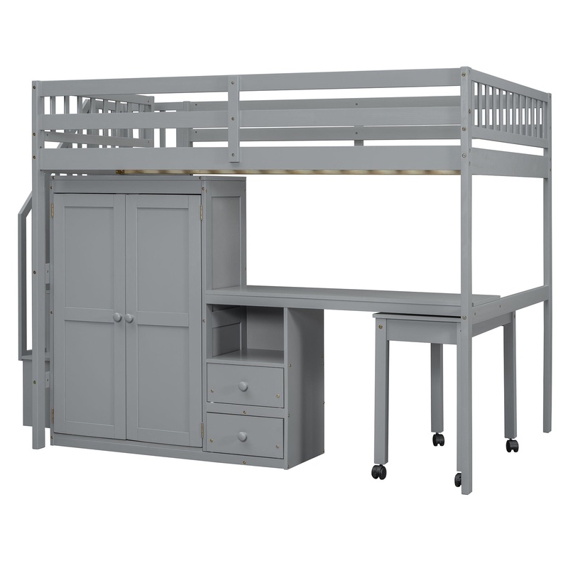 Full Size Loft Bed With Stairs, Bookshelf, Drawers, Desk & Wardrobe, Space Saving Multifunctional Furniture – Gray