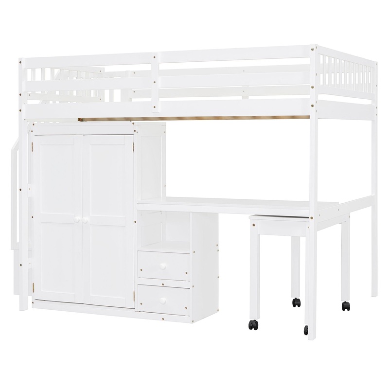 Full Size Loft Bed With Stairs, Bookshelf, Drawers, Desk & Wardrobe, Space Saving Multifunctional Furniture – White