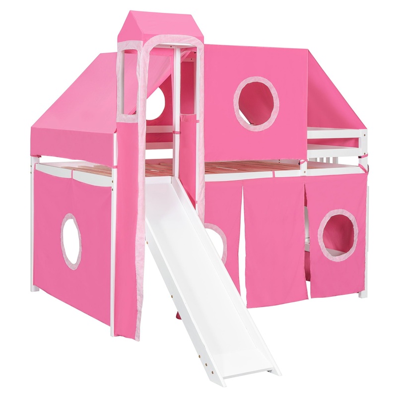 Full Size Loft Bed With Tent And Tower – Pink