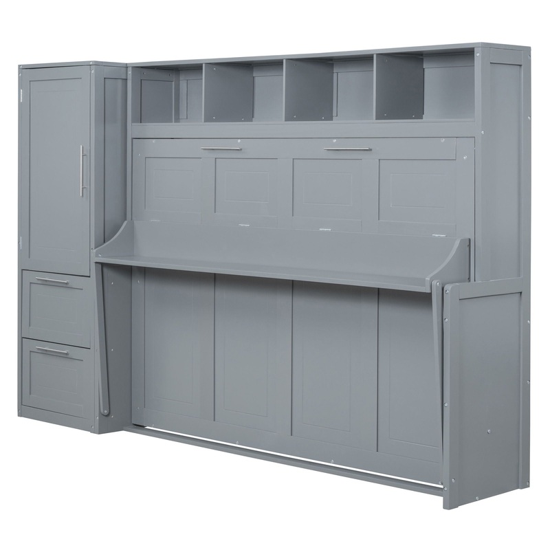 Full Size Murphy Wall Bed With Closet And Drawers – Gray