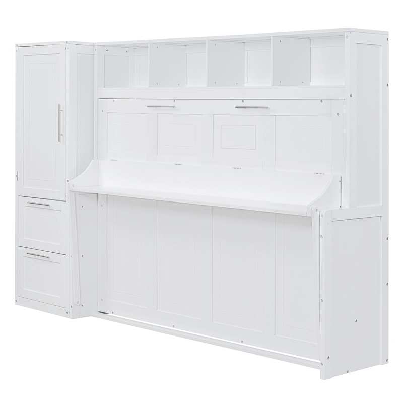 Full Size Murphy Wall Bed With Closet And Drawers – White