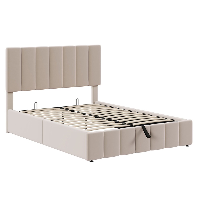 Full Size Upholstered Platform Bed With A Hydraulic Storage System – Beige