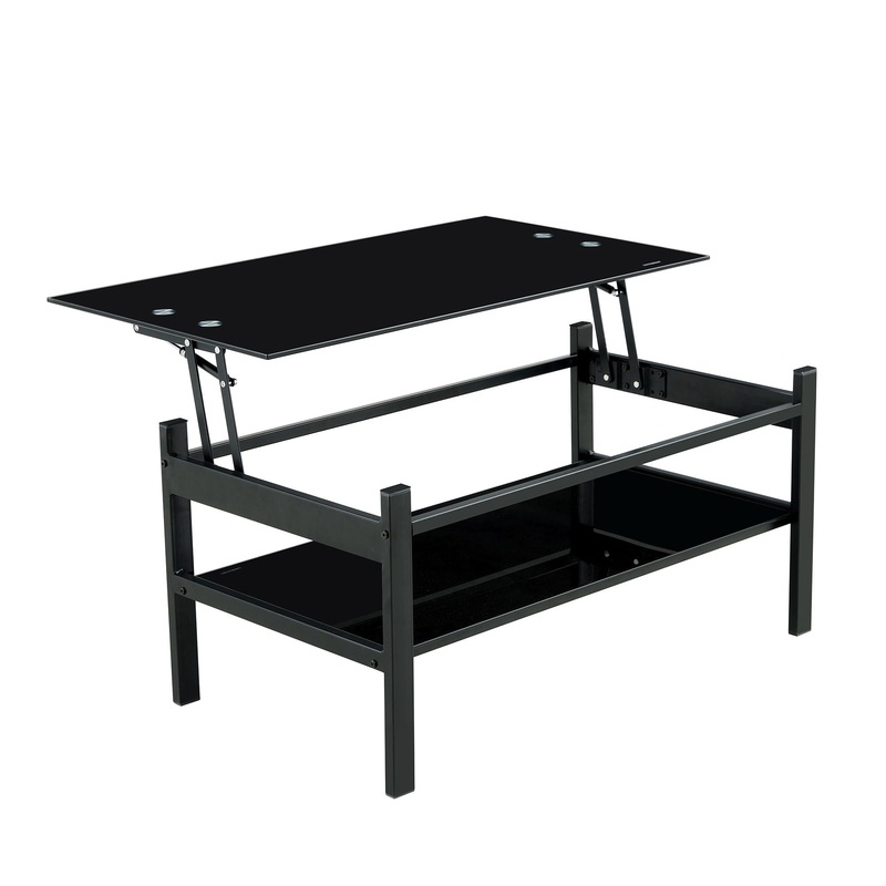 Glass Lift Top Coffee Table, Modern Simple 2-Layer Tempered Glass Coffee Table For Living Room – Black