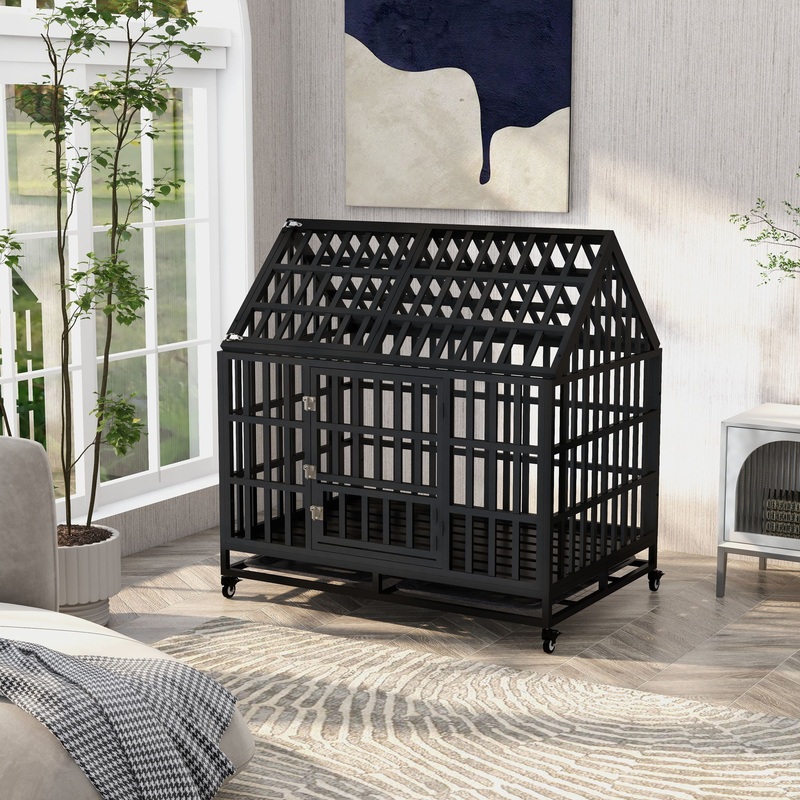 Heavy Duty Dog Cage Pet Crate With Roof – Black