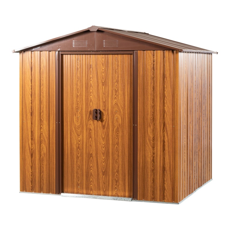 Metal Storage Shed Appealing Horizontal Siding In Woodgrain With Coffee Trim To Complement – Light Brown