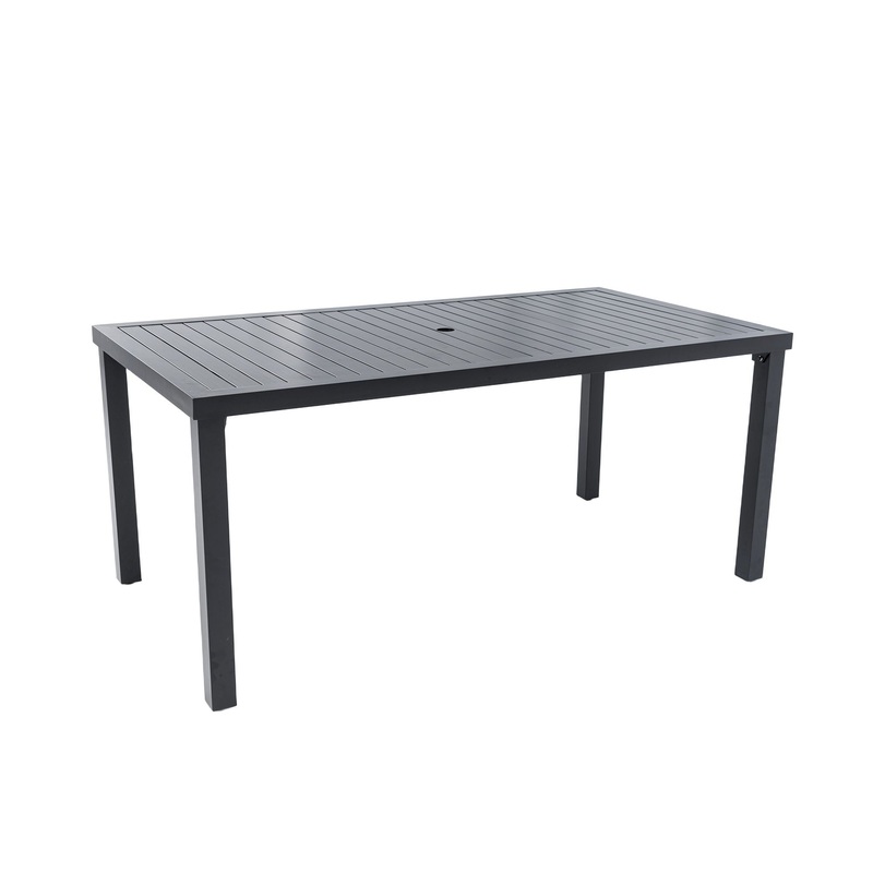 Modern Rectangular Outdoor Patio Dining Table With Post Leg Design, Rust Free & Weather Resistant, Adjustable Foot Pads, Umbrella Hole With Matching Cover – Ember Black