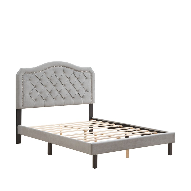 Queen Platform Upholstered Bed Button Tufted With Curve Design, Strong Wood Slat Support – Gray