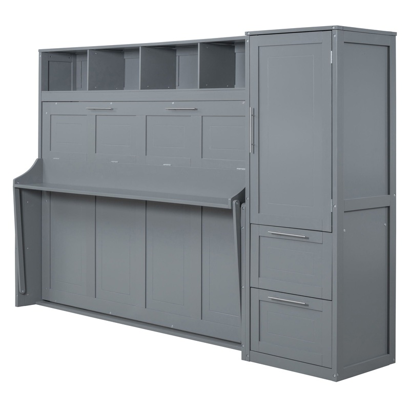 Queen Size Murphy Wall Bed With Closet And Drawers – Gray