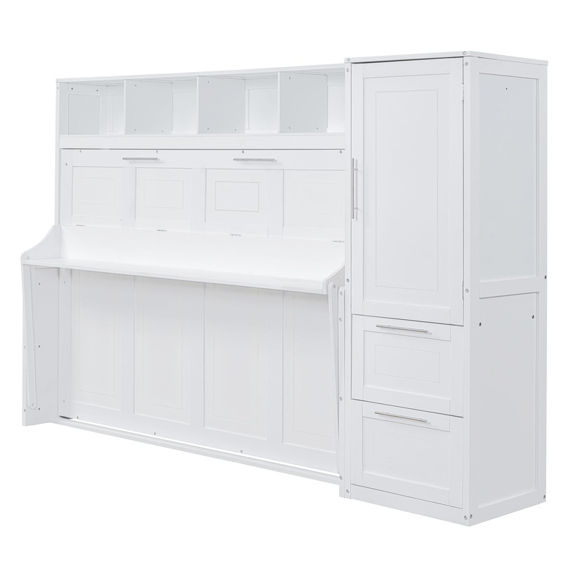 Queen Size Murphy Wall Bed With Closet And Drawers – White