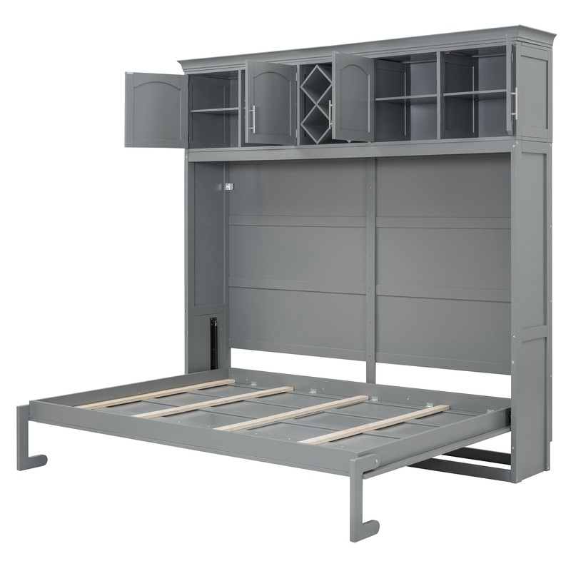Queen Size Murphy Wall Bed With Top Cabinets & Wine Rack – Gray