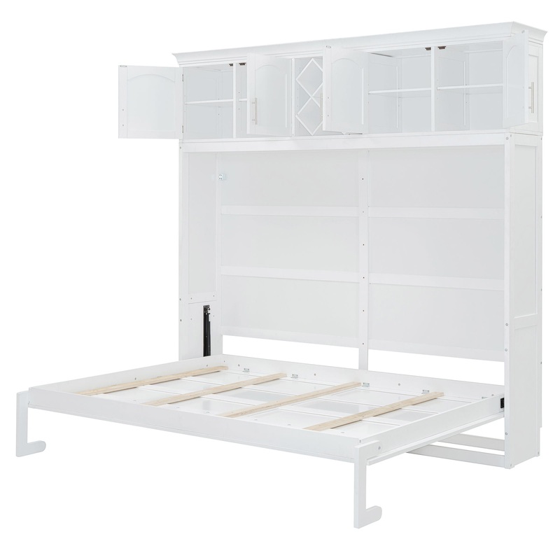 Queen Size Murphy Wall Bed With Top Cabinets & Wine Rack – White