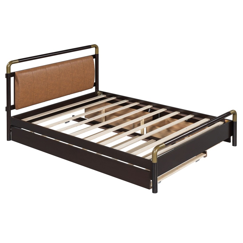 Queen Size Storage Platform Bed, With 2 Big Drawers, Twin Long Size Trundle – Walnut