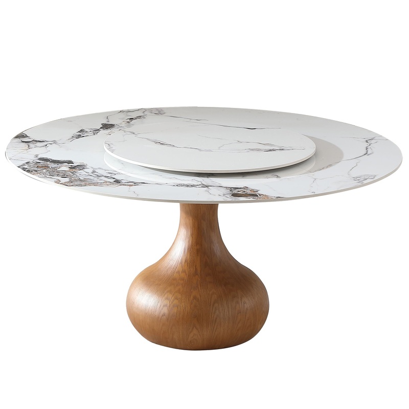Round Modern Marble Dining Table (Table Only) – Walnut / White